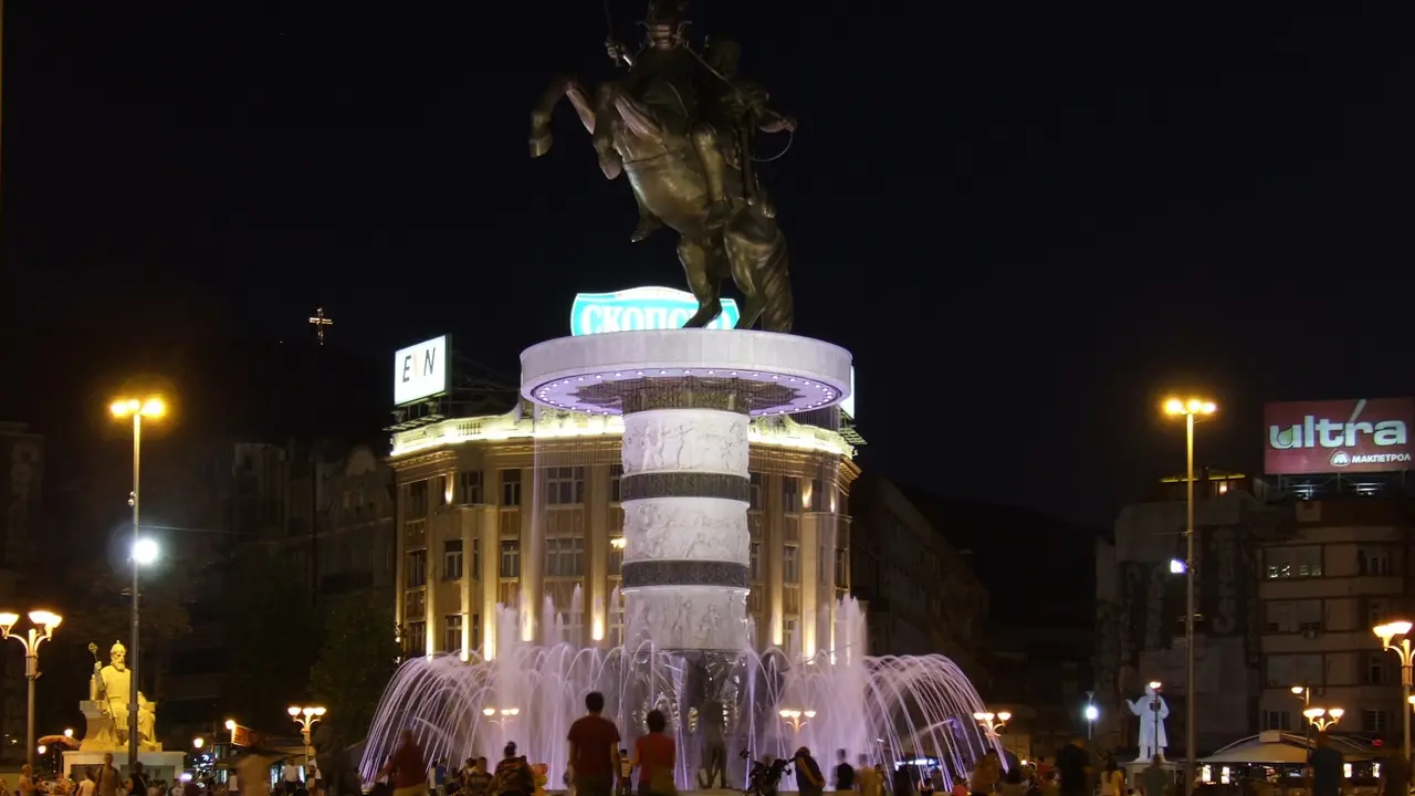 Skopje city landmark at night used for Skopje Airport compensation guidance