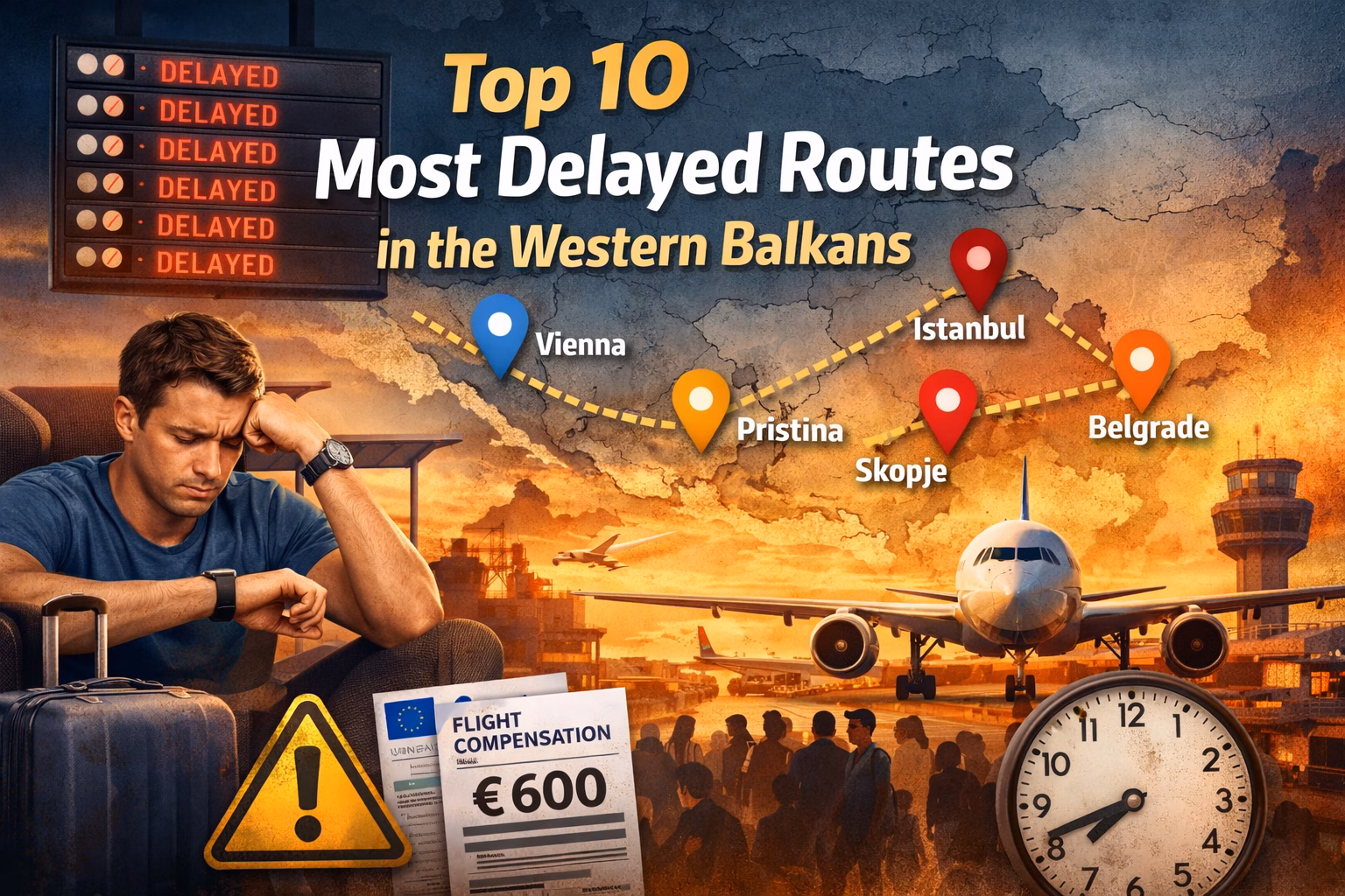 Passengers waiting at an airport for delayed flights in the Balkans