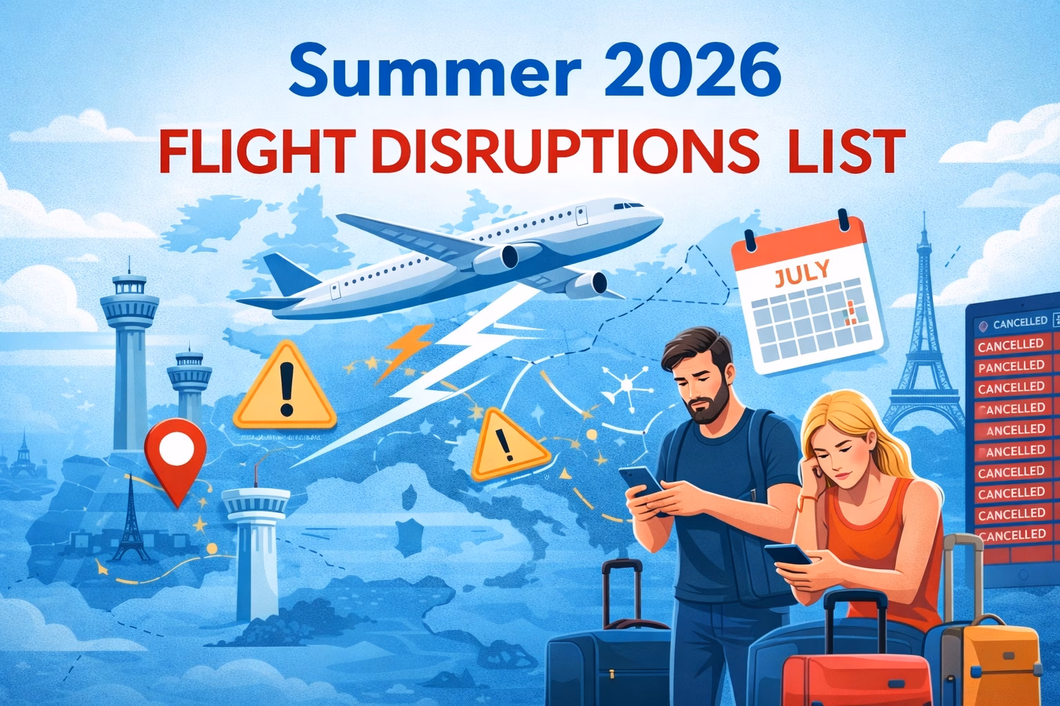 A crowded airport terminal during summer 2026 flight disruptions