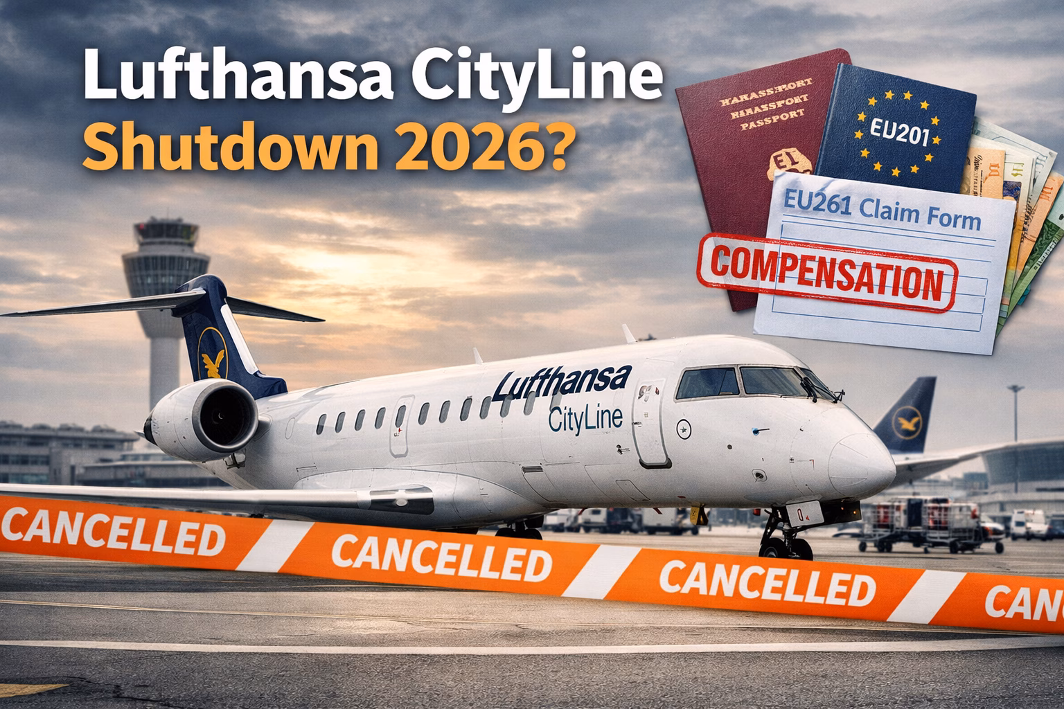 Lufthansa CityLine logo with a focus on shutdown and compensation details